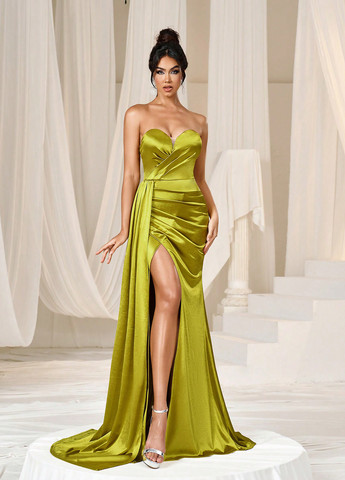 Оливкова вечірня сукня з відкритими плечима, зі шлейфом SHEIN однотонна