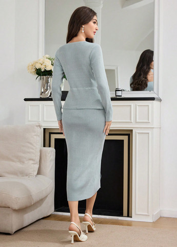 Серо-голубое праздничный, вечернее, деловое платье футляр, платье-свитер SHEIN однотонное