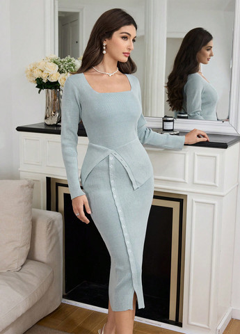 Серо-голубое праздничный, вечернее, деловое платье футляр, платье-свитер SHEIN однотонное