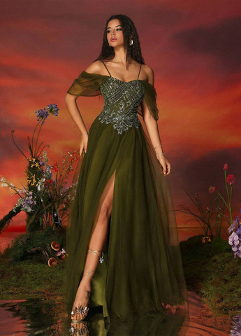 Оливкова (хакі) вечірня сукня з відкритими плечима SHEIN однотонна