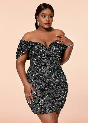 Черное коктейльное, вечернее платье с открытыми плечами, силуэтная SHEIN однотонное