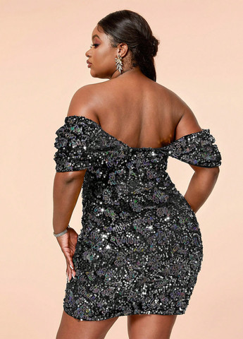 Черное коктейльное, вечернее платье с открытыми плечами, силуэтная SHEIN однотонное