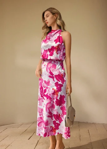 Розово-лиловое вечернее, кэжуал платье клеш SHEIN с цветочным принтом