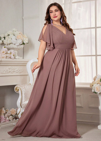 Розово-коричневое вечернее, праздничный платье в стиле ампир SHEIN однотонное