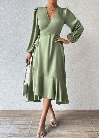 Сіро-зелена кежуал сукня на запах, кльош SHEIN однотонна