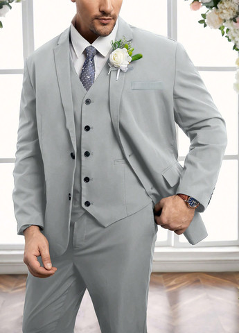 Светло-серый демисезонный костюм (пиджак, брюки, жилет) тройка SHEIN