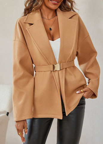 Темно-бежеве Кежуал, Діловий півпальто однобортне SHEIN однотонне