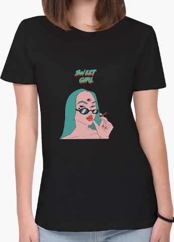 Черная демисезон футболка женская милая девушка диджитал арт (sweet girl digital art) (8976-1638) xxl MobiPrint