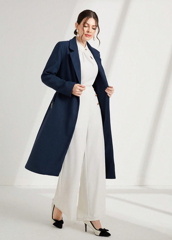 Синее демисезонное Пальто двубортное SHEIN