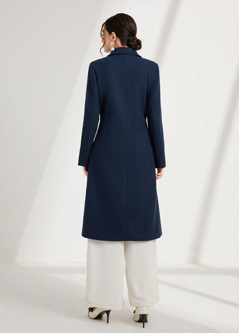 Синее демисезонное Пальто двубортное SHEIN