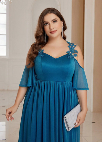 Бирюзовое вечернее платье с открытыми плечами, а-силуэт SHEIN однотонное