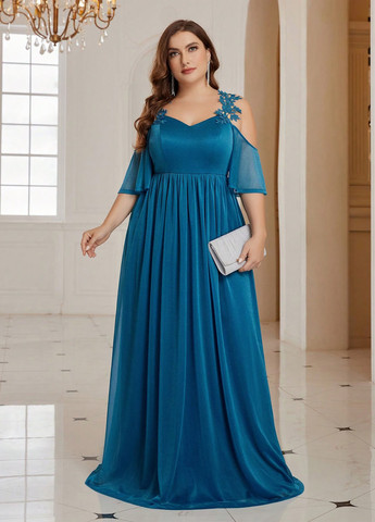 Бирюзовое вечернее платье с открытыми плечами, а-силуэт SHEIN однотонное