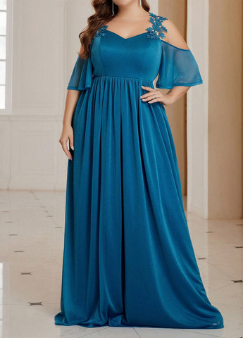 Бирюзовое вечернее платье с открытыми плечами, а-силуэт SHEIN однотонное