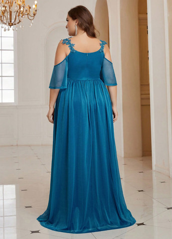 Бирюзовое вечернее платье с открытыми плечами, а-силуэт SHEIN однотонное