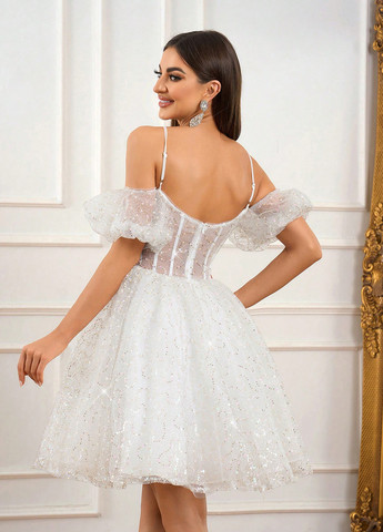 Білий коктейльна сукня з спідницею-сонце, пачка, з корсетом, з відкритою спиною SHEIN однотонна