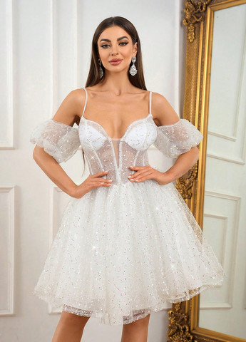 Білий коктейльна сукня з спідницею-сонце, пачка, з корсетом, з відкритою спиною SHEIN однотонна