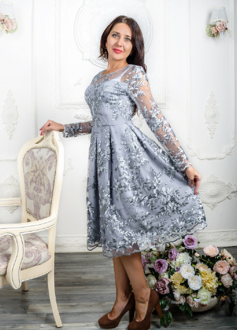 Серебряное вечернее ажурное нарядное платье юбка в складку бэби долл Marselin с цветочным принтом