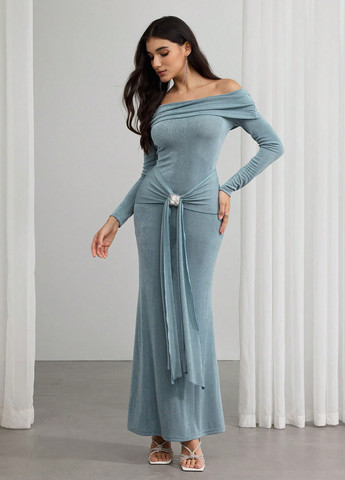 Бирюзовое праздничный, вечернее платье годе, с открытыми плечами SHEIN однотонное