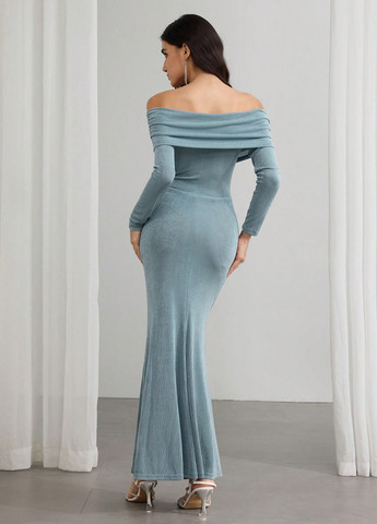Бирюзовое праздничный, вечернее платье годе, с открытыми плечами SHEIN однотонное