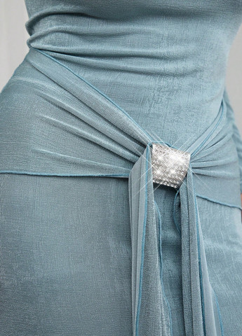 Бирюзовое праздничный, вечернее платье годе, с открытыми плечами SHEIN однотонное