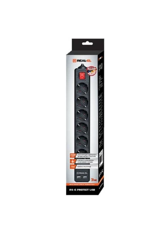 Фільтр живлення RS-6 PROTECT USB, 3m, black (EL122300017) Real-El (251409927)
