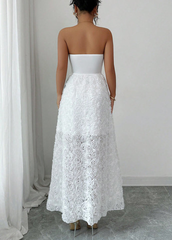 Белое праздничный, вечернее платье клеш, с открытыми плечами, бандо, с открытой спиной SHEIN однотонное