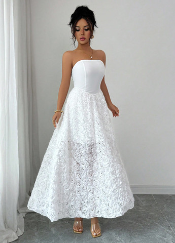 Белое праздничный, вечернее платье клеш, с открытыми плечами, бандо, с открытой спиной SHEIN однотонное