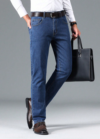 Синие демисезонные прямые джинсы SHEIN