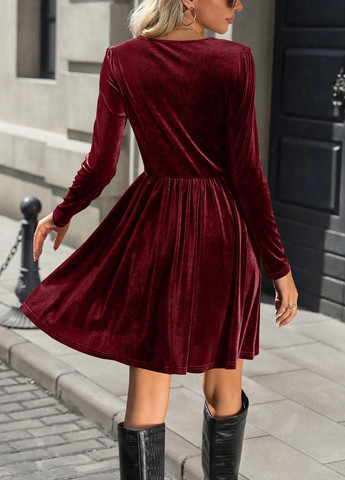 Бордовое праздничный, кэжуал платье клеш, а-силуэт SHEIN однотонное