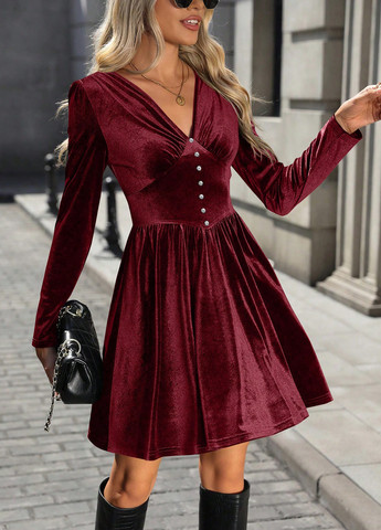 Бордовое праздничный, кэжуал платье клеш, а-силуэт SHEIN однотонное