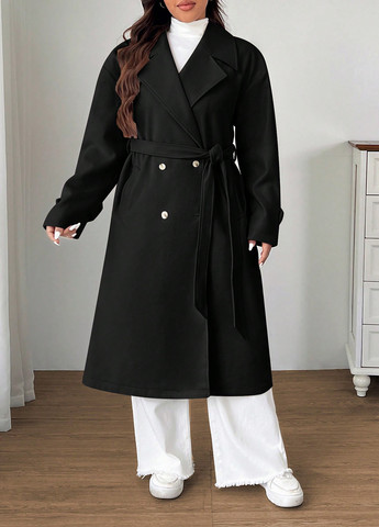 Черное демисезонное Пальто двубортное SHEIN