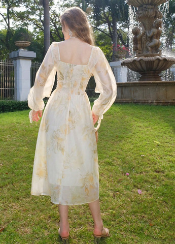 Айворі вечірня, кежуал сукня з спідницею-сонце SHEIN з квітковим принтом