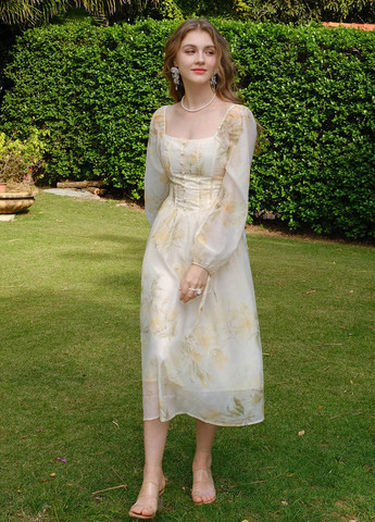 Айворі вечірня, кежуал сукня з спідницею-сонце SHEIN з квітковим принтом