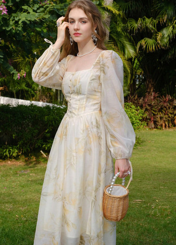 Айворі вечірня, кежуал сукня з спідницею-сонце SHEIN з квітковим принтом