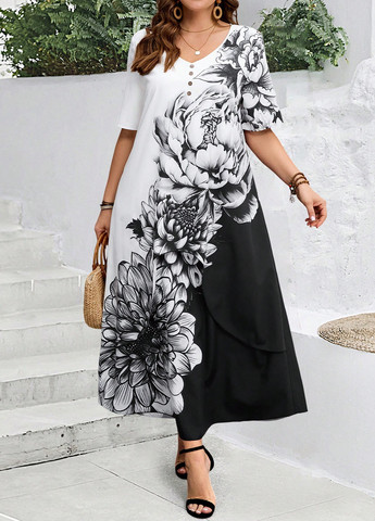 Чорно-білий кежуал сукня а-силует SHEIN з квітковим принтом