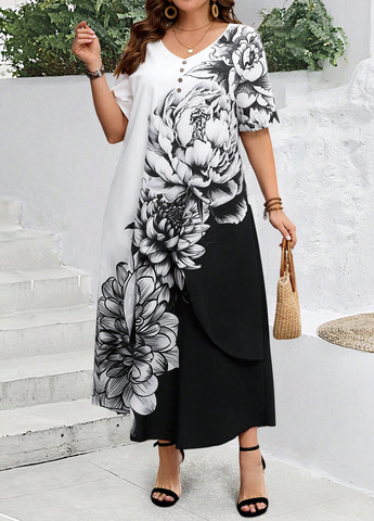 Чорно-білий кежуал сукня а-силует SHEIN з квітковим принтом