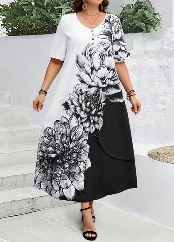 Чорно-білий кежуал сукня а-силует SHEIN з квітковим принтом