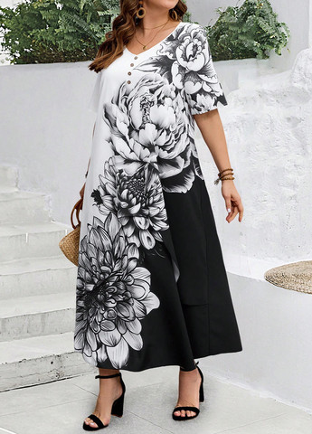 Чорно-білий кежуал сукня а-силует SHEIN з квітковим принтом