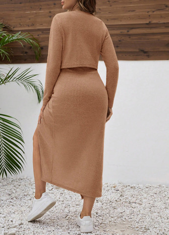 Песочный демисезонный комплект (платье, кофта) SHEIN