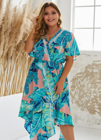 Голубое кэжуал платье женское с ассиметричной юбкой hawaiian warmth Berni Fashion PLUS с цветочным принтом