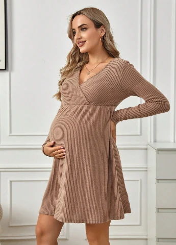 Бежевое кэжуал платье для беременных и кормящих SHEIN однотонное