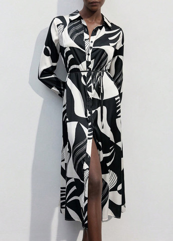 Чорно-білий кежуал сукня сукня-сорочка SHEIN з абстрактним візерунком