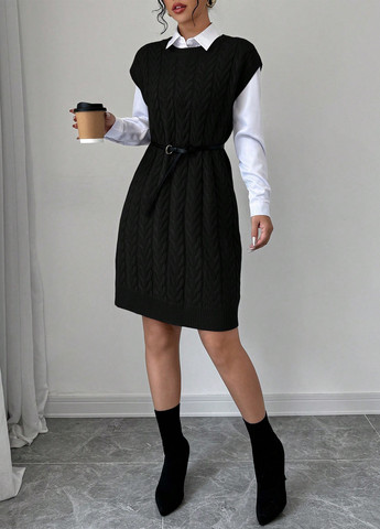 Черное кэжуал платье платье-свитер SHEIN однотонное