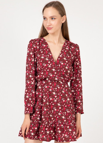 Бордовое кэжуал платье на запах Lilove с цветочным принтом