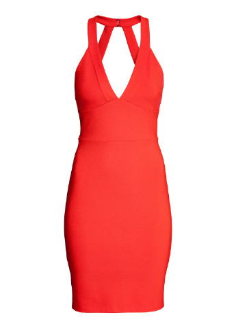 Коралловое коктейльное платье футляр, с открытой спиной H&M однотонное