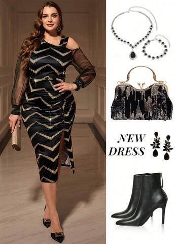 Черное праздничный, вечернее платье футляр SHEIN в полоску