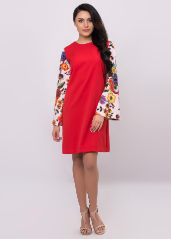 Красное кэжуал платье с длинным рукавом Garne с цветочным принтом