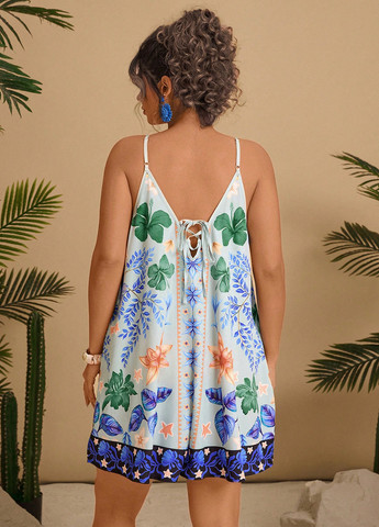 Комбінезон SHEIN комбінезон-шорти квітковий світло-блакитний кежуал поліестер