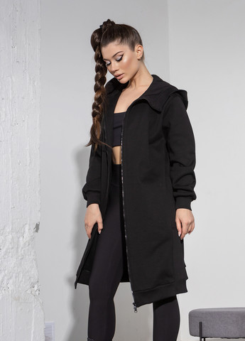 Черное кэжуал платье длинное утепленное на молнии с капюшоном оверсайз TOTALFIT однотонное