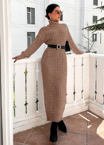 Кофейное кэжуал платье платье-свитер SHEIN однотонное